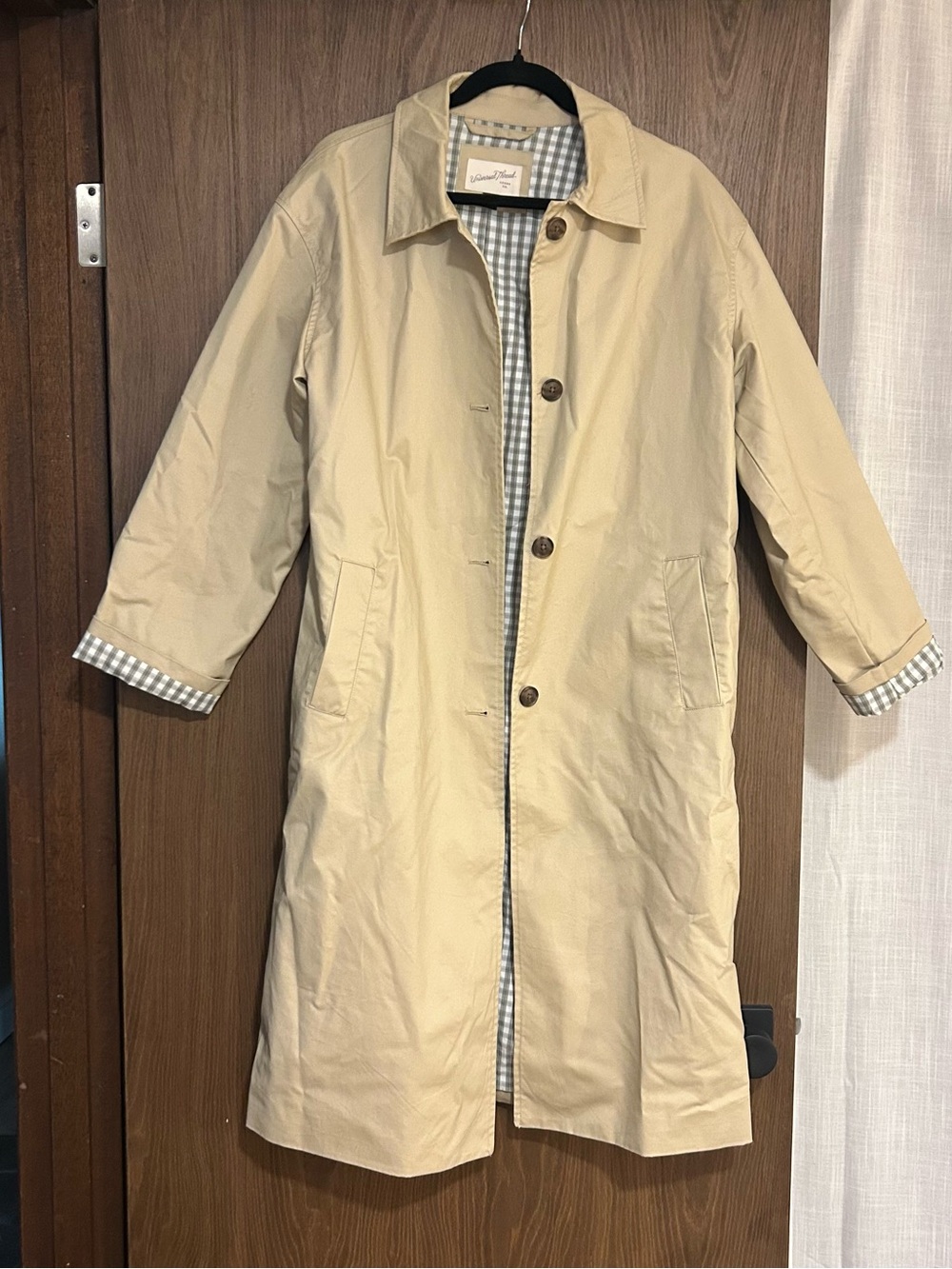 Universal Thread Trench Coat in Beige and Olive Plaid Lining